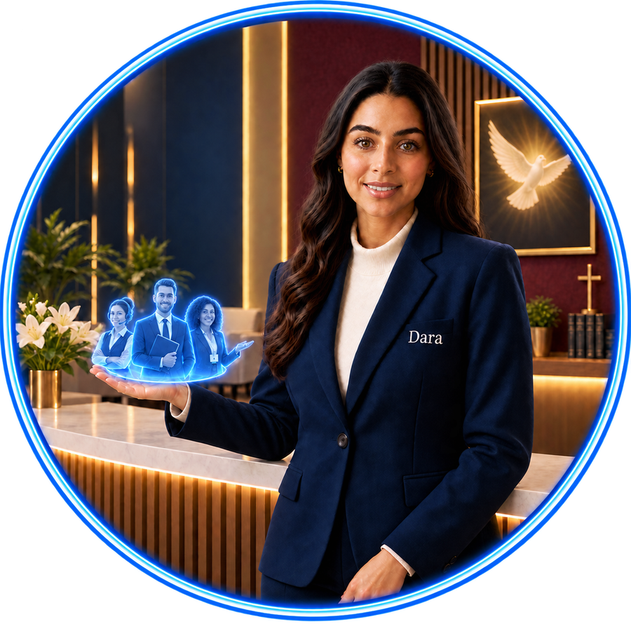 Dara, personagem oficial do Dara-Ekklesia, de blazer azul com o nome Dara bordado em branco, em composição circular com borda azul, em ambiente de celebração, apresentando na palma da mão três agentes inteligentes holográficos do Dara-Agents