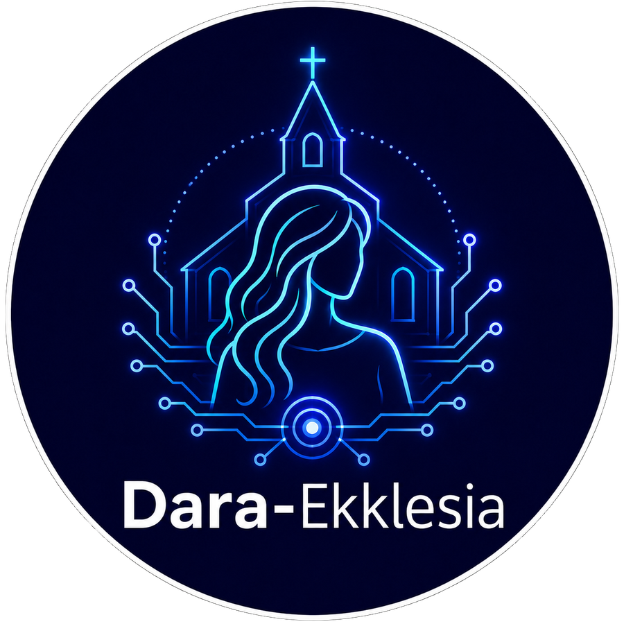 Logotipo do Dara-Ekklesia: personagem Dara de blazer azul em composição circular com elementos de gestão